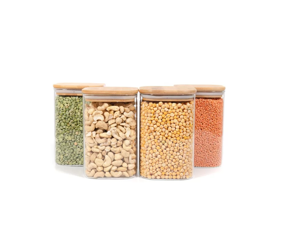 Quadratische Vorratsgläser mit Bambusdeckel 4er Set 1200ml