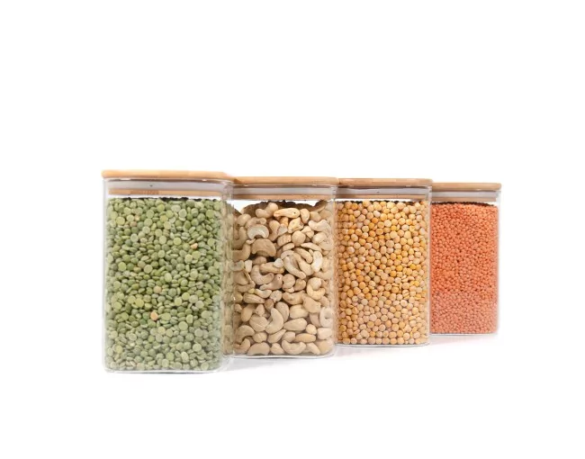 Quadratische Vorratsgläser mit Bambusdeckel 4er Set 1200ml