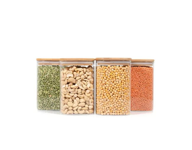 Quadratische Vorratsgläser mit Bambusdeckel 4er Set 1200ml