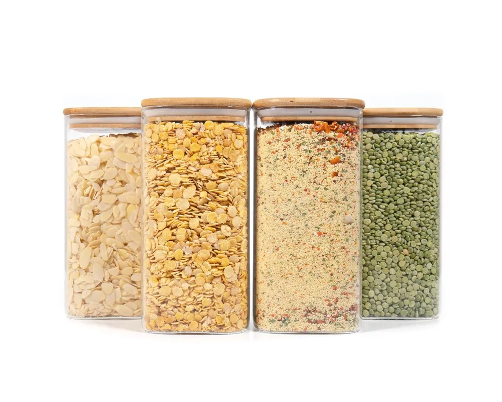 Quadratische Vorratsgläser mit Bambusdeckel 4er Set 1600ml