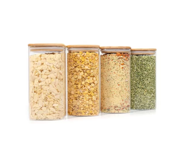 Quadratische Vorratsgläser mit Bambusdeckel 4er Set 1600ml