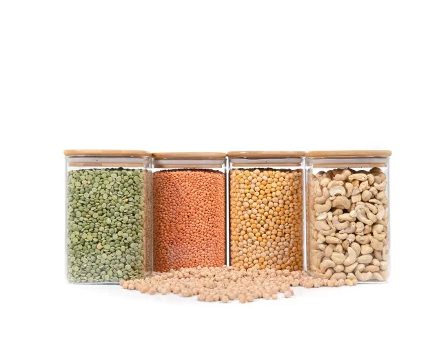 Quadratische Vorratsgläser mit Bambusdeckel 4er Set 1200ml
