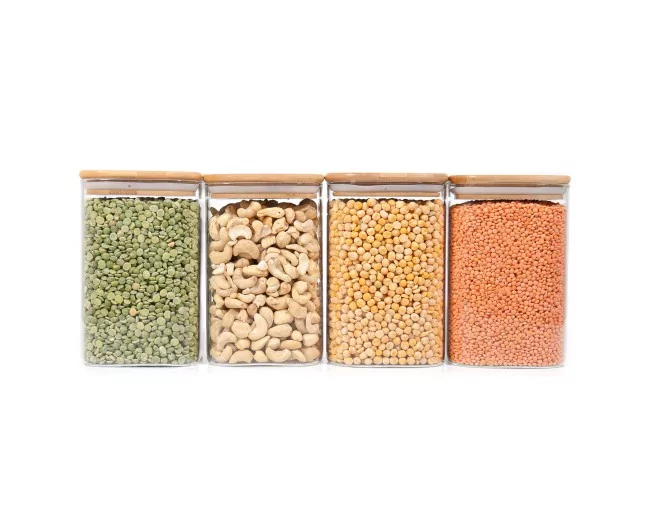 Quadratische Vorratsgläser mit Bambusdeckel 4er Set 1200ml
