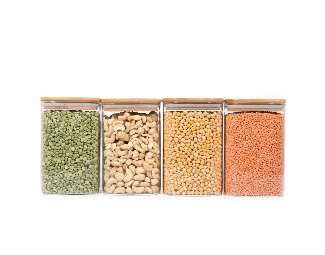Quadratische Vorratsgläser mit Bambusdeckel 4er Set 1200ml