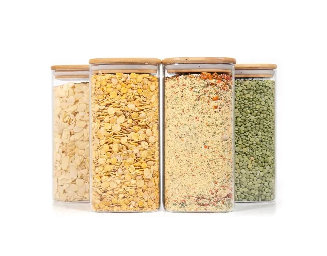 Quadratische Vorratsgläser mit Bambusdeckel 4er Set 1600ml