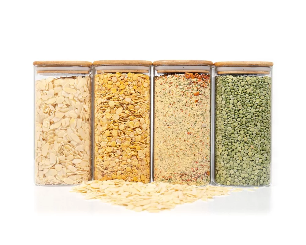 Quadratische Vorratsgläser mit Bambusdeckel 4er Set 1600ml