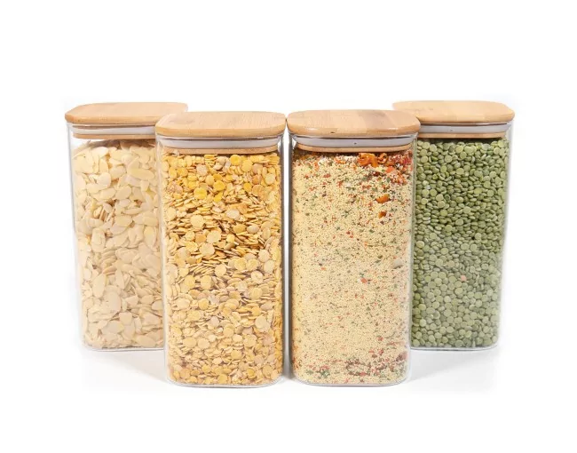 Quadratische Vorratsgläser mit Bambusdeckel 4er Set 1600ml