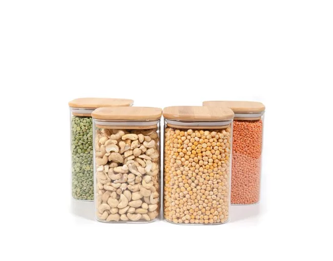 Quadratische Vorratsgläser mit Bambusdeckel 4er Set 1200ml
