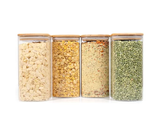 Quadratische Vorratsgläser mit Bambusdeckel 4er Set 1600ml