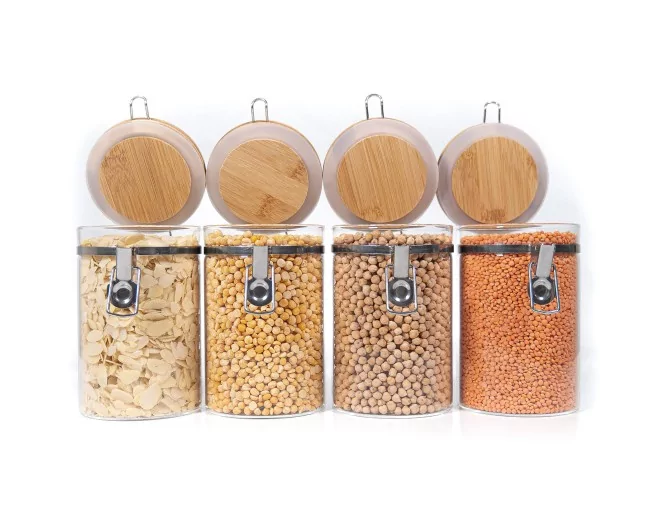 Clipverschluss Vorratsgläser mit Bambusdeckel 4er Set 1000ml