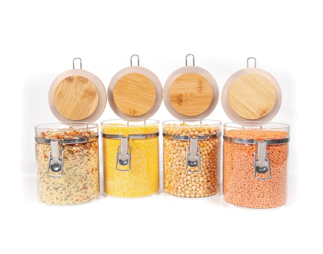 Barattoli per la conservazione con chiusura a clip e coperchio in bambù, set da 4, 850 ml