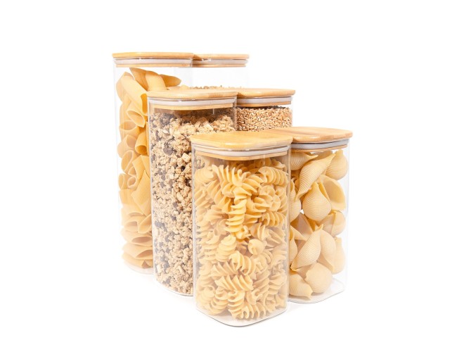 Square storage jars with bamboo lids, set of 6 large