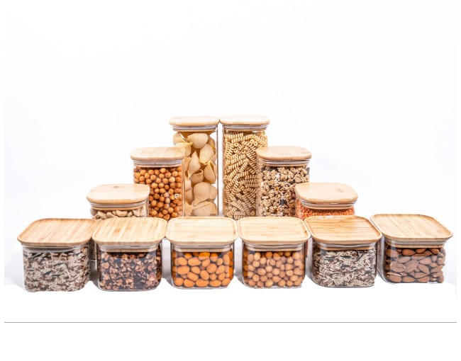 Coffret cadeau de bocaux de rangement carrés avec couvercles en bambou