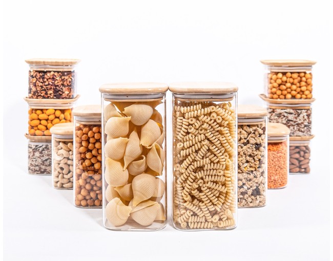 Coffret cadeau de bocaux de rangement carrés avec couvercles en bambou