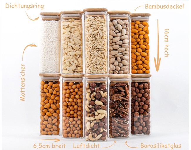 Schmale quadratische Vorratsgläser 16 cm hoch 10er Set