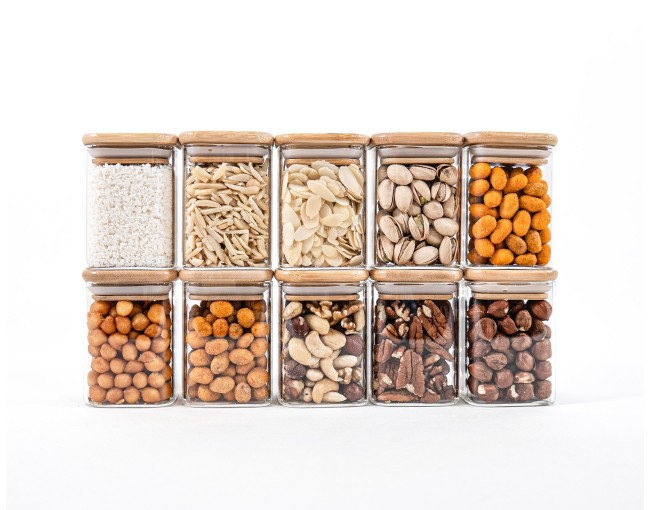 Narrow square storage jars 8 cm high set of 10