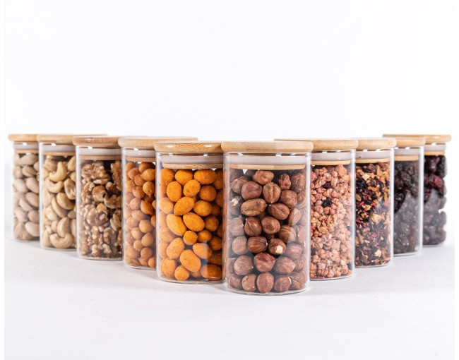 Narrow storage jars 10 cm high with bamboo lids, set of 10