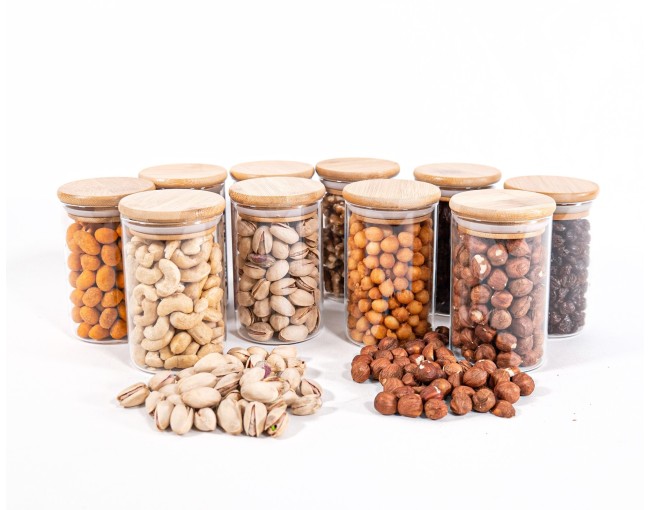 Barattoli di stoccaggio stretti alti 10 cm con coperchi in bambù, set da 10