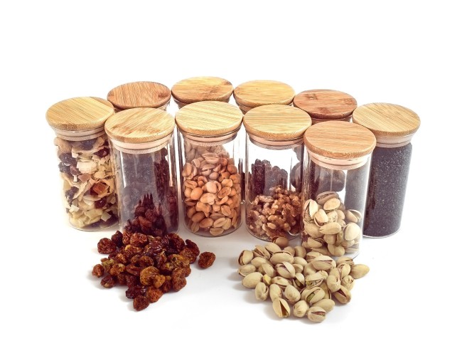 Narrow storage jars 12 cm high with bamboo lids, set of 10