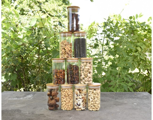 Schmale Gewürzgläser 12 cm hoch Bambusdeckel 10er Set