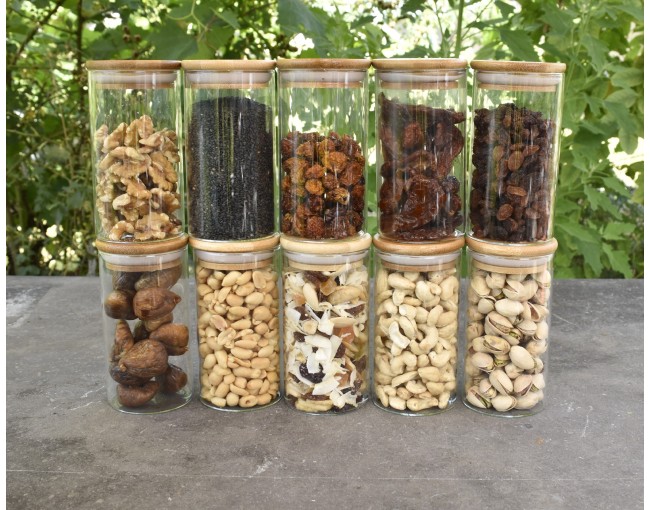 Schmale Gewürzgläser 12 cm hoch Bambusdeckel 10er Set