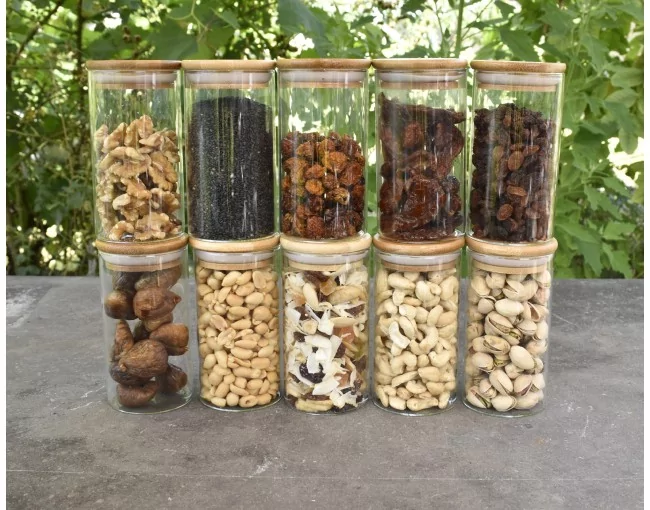 Schmale Gewürzgläser 12 cm hoch Bambusdeckel 10er Set