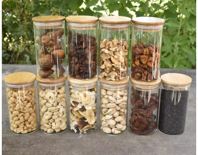 Schmale Gewürzgläser 12 cm hoch Bambusdeckel 10er Set