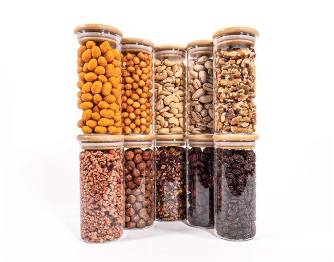 Narrow storage jars 14 cm high with bamboo lids, set of 10