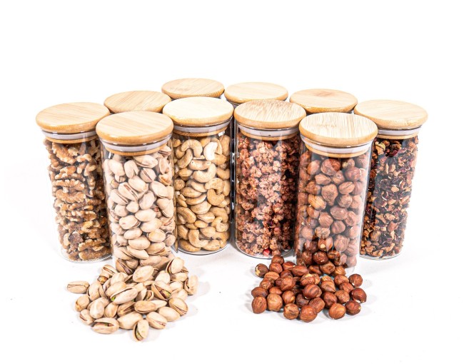 Bocaux de conservation étroits de 14 cm de haut avec couvercles en bambou, lot de 10