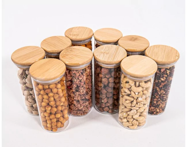 Schmale Gewürzgläser 14 cm hoch Bambusdeckel 10er Set