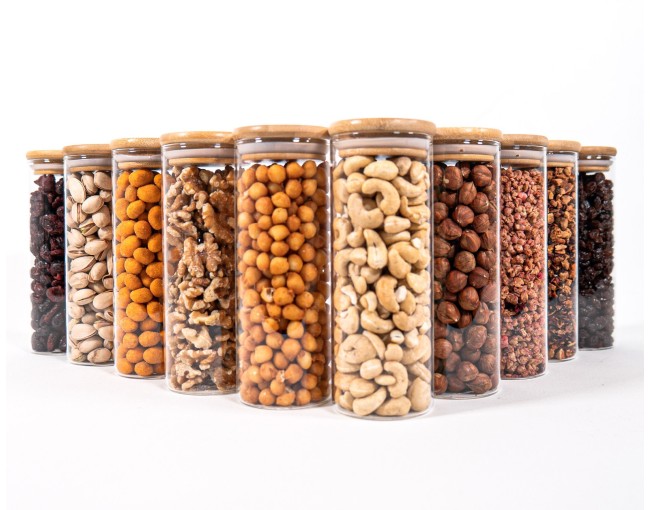 Barattoli di stoccaggio stretti alti 16 cm con coperchi in bambù, set da 10