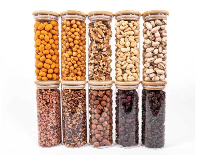 Barattoli di stoccaggio stretti alti 16 cm con coperchi in bambù, set da 10