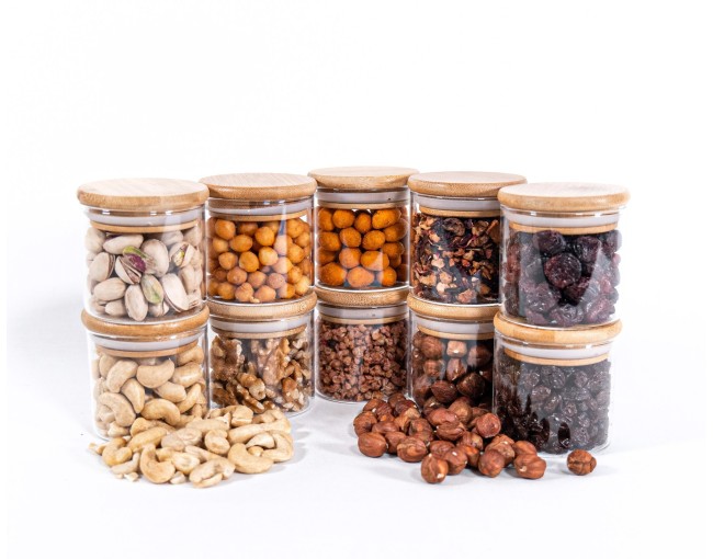 Narrow storage jars 6 cm high with bamboo lids, set of 10