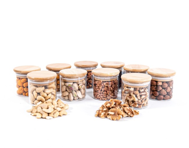 Narrow storage jars 6 cm high with bamboo lids, set of 10