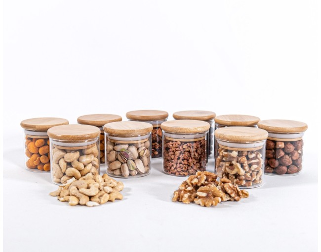 Barattoli di stoccaggio stretti alti 6 cm con coperchi in bambù, set da 10