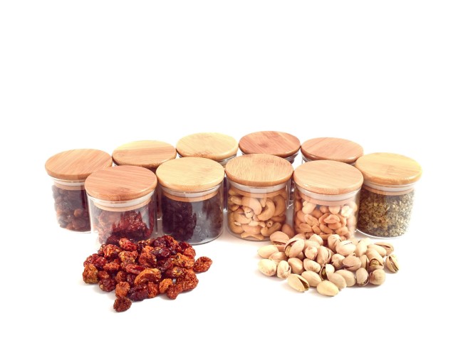 Narrow storage jars 6 cm high with bamboo lids, set of 10