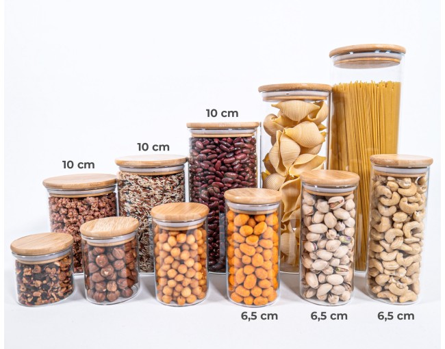 Schmale Gewürzgläser 8 cm hoch Bambusdeckel 10er Set