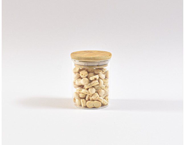 Narrow storage jars 8 cm high with bamboo lids, set of 10