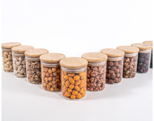 Narrow storage jars 8 cm high with bamboo lids, set of 10