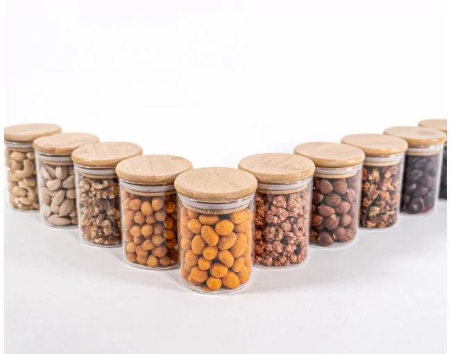 Schmale Gewürzgläser 8 cm hoch Bambusdeckel 10er Set