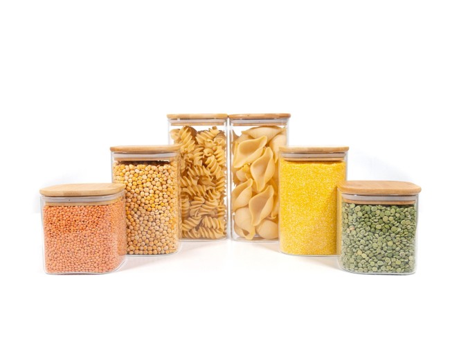 Bocaux de rangement carrés avec couvercles en bambou, lot de 6