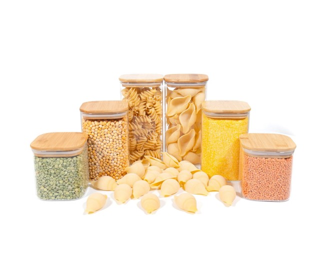 Square storage jars with bamboo lids, set of 6