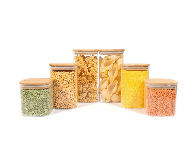 Barattoli quadrati con coperchio in bambù, set da 6