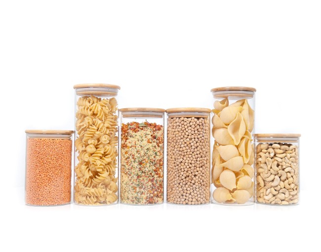 Round storage jars with bamboo lids, set of 6