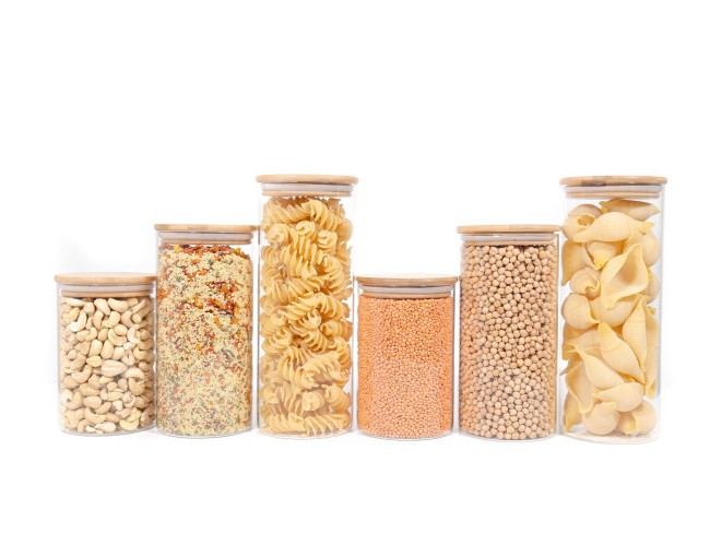 Round storage jars with bamboo lids, set of 6