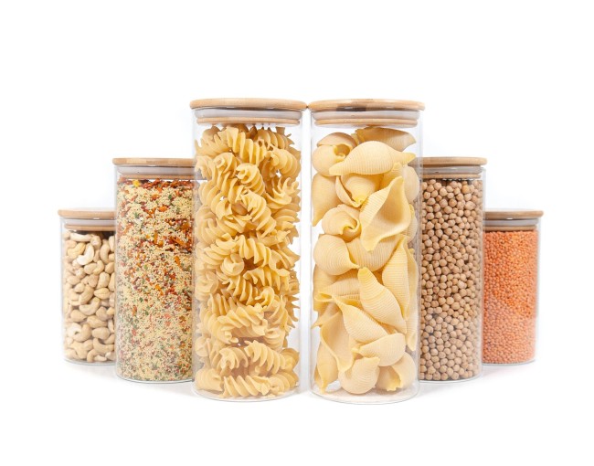 Round storage jars with bamboo lids, set of 6