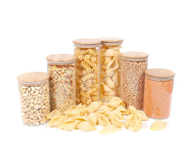 Round storage jars with bamboo lids, set of 6