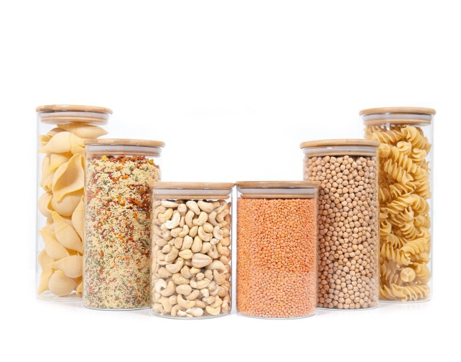 Round storage jars with bamboo lids, set of 6