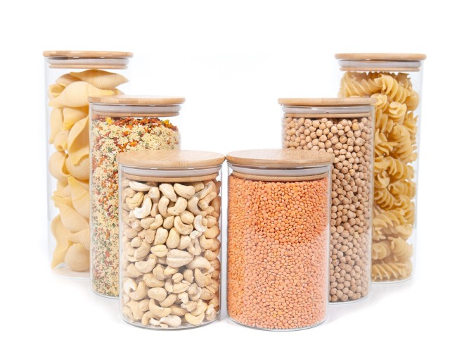 Round storage jars with bamboo lids, set of 6