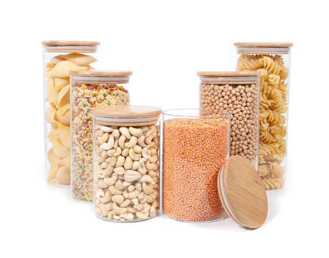 Round storage jars with bamboo lids, set of 6